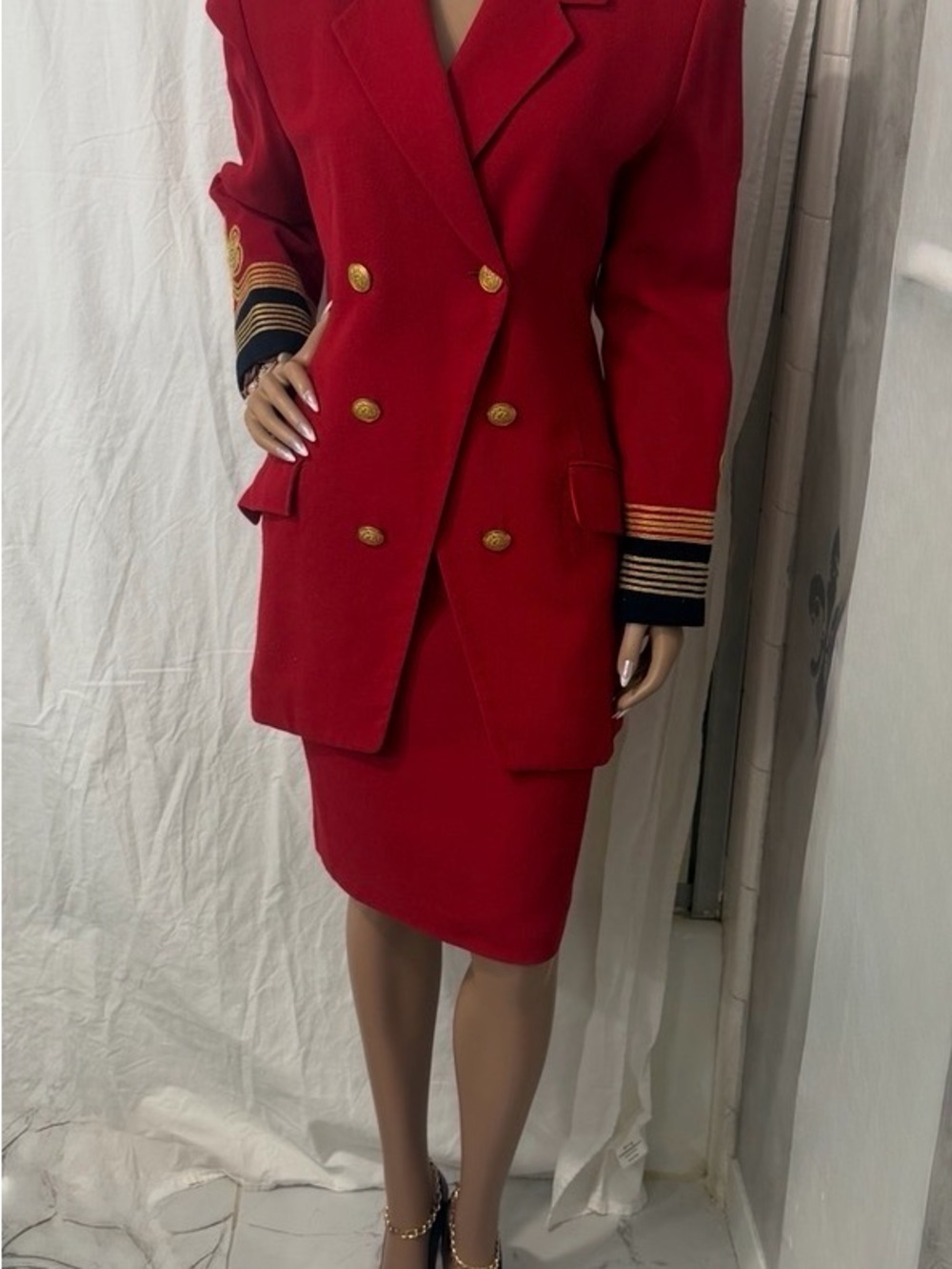 Womens Red Double-Breasted Blazer with Gold Button & Trim☑️ - Picture 8 of 15